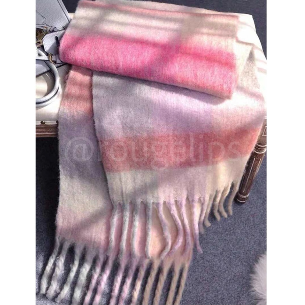 Colorblock Plaid Pastel Colors Wide Scarf Shawl Pink Beige Tan Cream Fringe - Picture 1 of 6